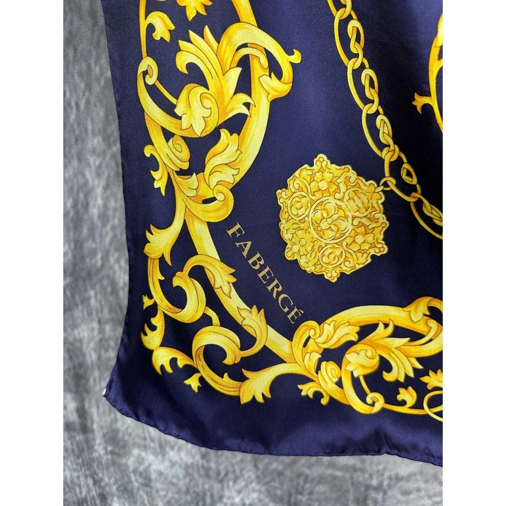 Vintage Faberge Large Scarf 32x32 Navy Blue Gold Baroque 100% Silk Hand Sewn